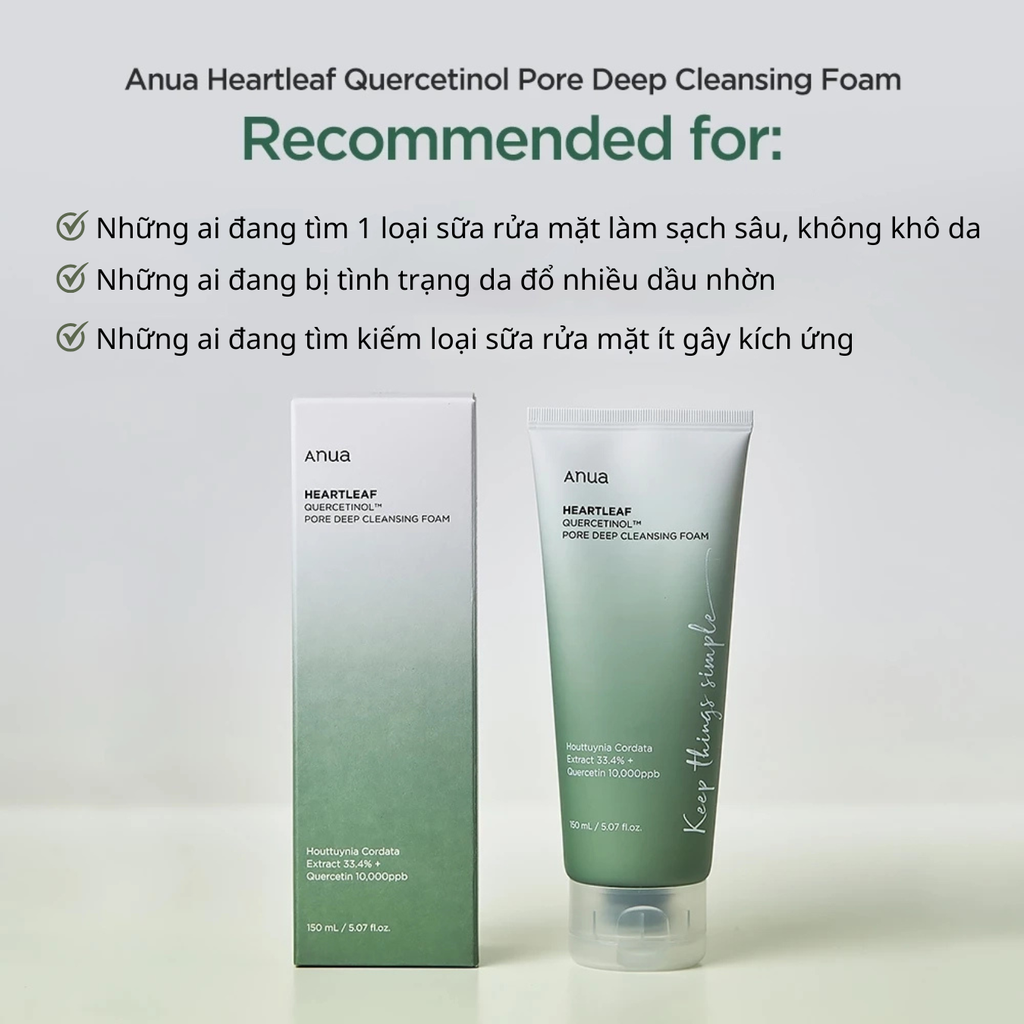 Sữa Rửa Mặt Cho Da Dầu Anua Heartleaf Quercetinol Pore Deep Cleansing Foam 150ml