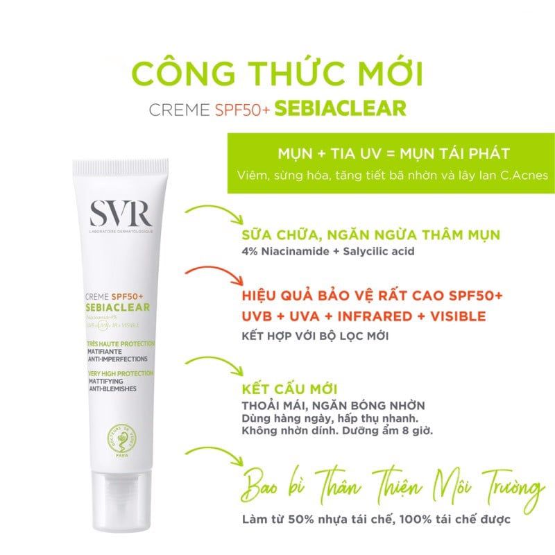 Kem Chống Nắng Cho Da Dầu Mụn SVR Sebiaclear Crème SPF50 40ml