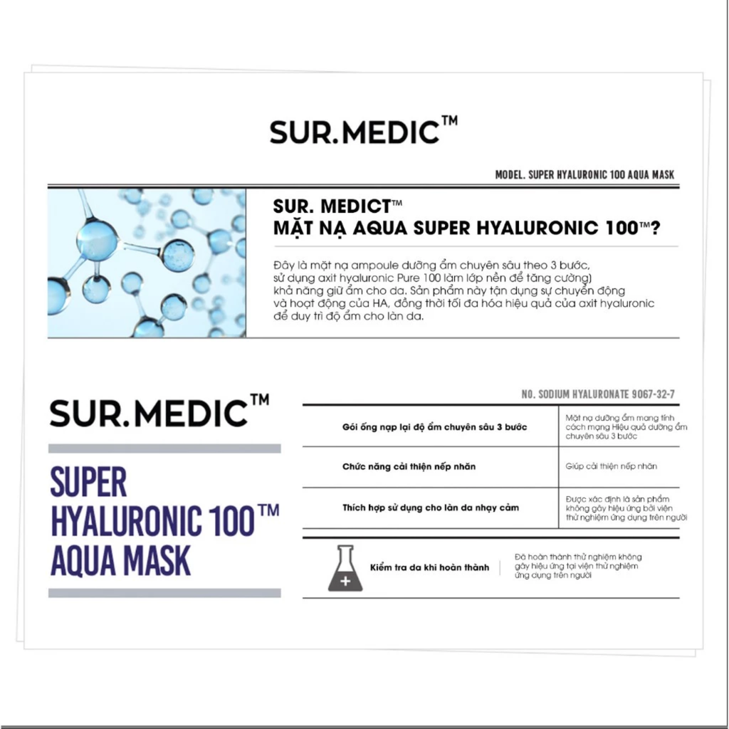Mặt Nạ Cấp Ẩm Sur.Medic+ Super Hyaluronic 100 Aqua Mask 30g