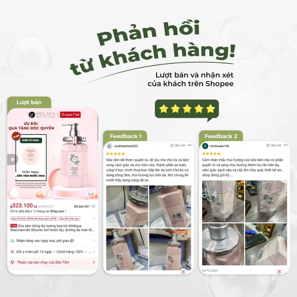 Sữa Tắm Trắng Da Hương Hoa Trà Weilaiya Niacinamide Shower Gel 450ml