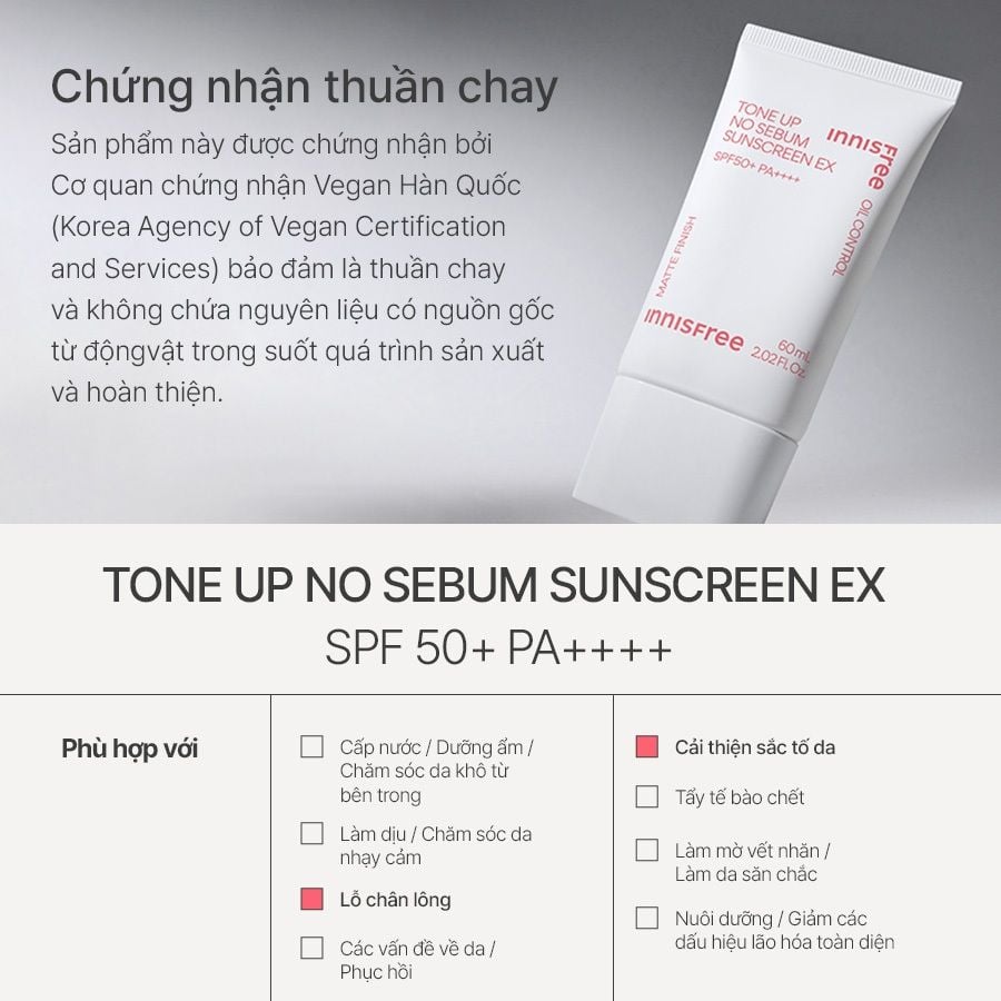 Kem Chống Nắng Nâng Tone Kiềm Dầu innisfree Tone Up No Sebum Sunscreen Ex SPF50+ PA++++ 60ml