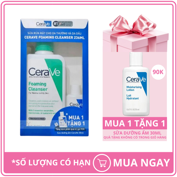 Bộ Sản Phẩm Sữa Rửa Mặt Da Dầu CeraVe For Normal To Oily Skin 236ml + Sữa Dưỡng Thể Cho Da Khô CeraVe Moisturising Lotion 30ml