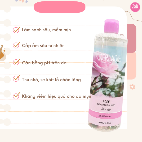 Nước Hoa Hồng Cấp Ẩm Làm Mềm Da Derladie Rose Natural Moisture Toner 500ml