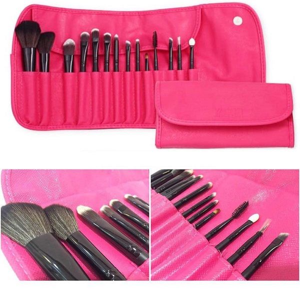 Bộ Cọ Trang Điểm Vacosi 14 Cây BC09 (Bóp Da Hồng) Essential Brush Set