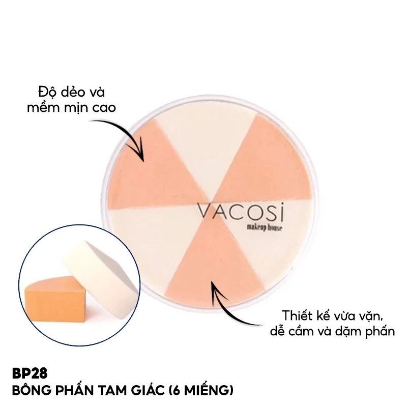 Bông Phấn Uớt Tam Giác Vacosi BP28 Wedge Sponge 6 Miếng