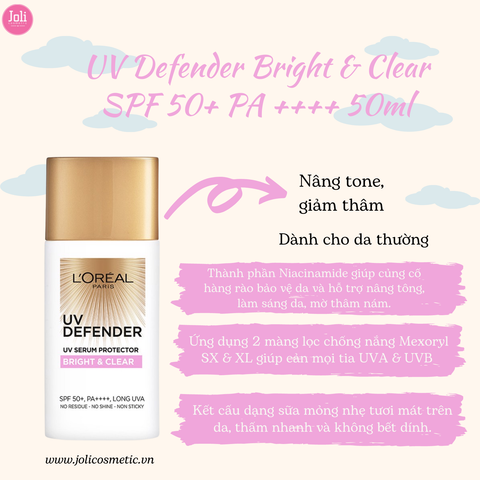 Kem Chống Nắng Loreal Nâng Tông Giảm Thâm UV Defender Bright & Clear SPF 50+ PA ++++ 50ml