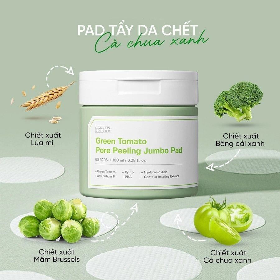 Tẩy Da Chết Sungboon Editor Green Tomato Pore Peeling Jumbo Pad 60 Miếng