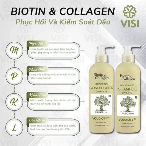 Dầu Gội & Xả Biotin Collagen Voudioty Phục Hồi Tóc Kiềm Dầu (Xanh Lá)