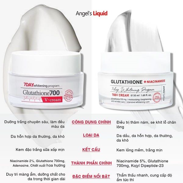 Kem Dưỡng Làm Sáng Da Mờ Thâm Angel's Liquid 7 Day Whitening Program Glutathione 700 V-Cream 50ml