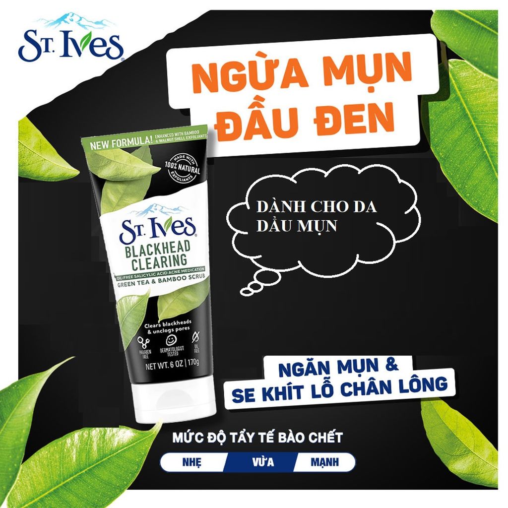 Sữa Rửa Mặt Tẩy Da Chết Sạch Mụn Đầu Đen Chiết Xuất Trà Xanh St.Ives Blackhead Clearing Green Tea & Bamboo Scrub 170g