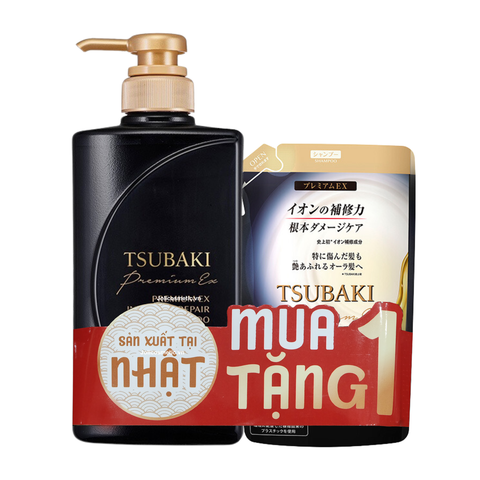 Combo Dầu Gội Phục Hồi Hư Tổn Nặng & Giảm Gãy Rụng Tsubaki Premium EX Intensive Repair Shampoo 490ml + Tặng Túi Refill Dầu Gội 330ml