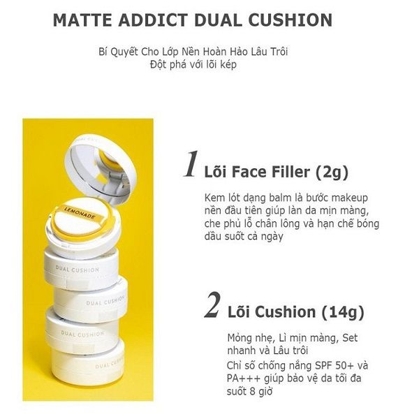 Phấn Nước Kiềm Dầu Lemonade Matte Addict Dual Cushion SPF50+ PA+++