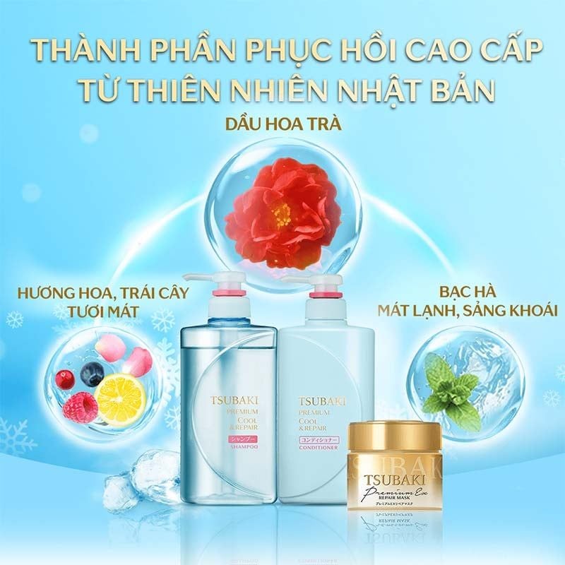 Bộ Gội Xả Sạch Dầu Mát Lạnh Tsubaki Premium Cool 490ml