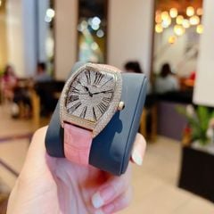 Đồng hồ K&M crystal silver dial pink leather watch KM1912