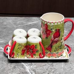 Bộ bình cốc kèm đĩa sứ 6 món Magrace hoạ tiết chim chào mào đỏ
