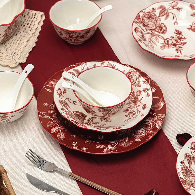 Bộ đồ ăn gốm sứ hoa hồng đỏ 12 món