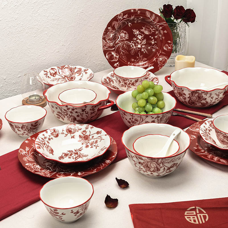 Bộ đồ ăn gốm sứ hoa hồng đỏ 12 món