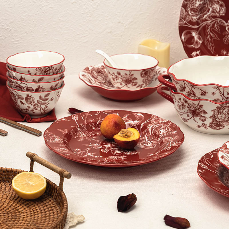 Bộ đồ ăn gốm sứ hoa hồng đỏ 12 món