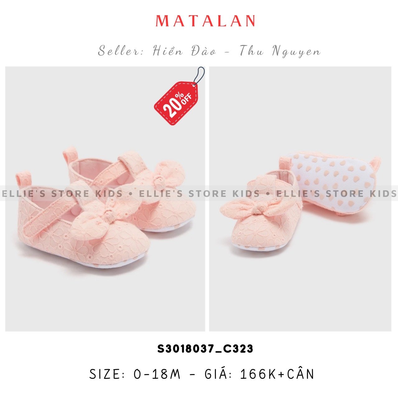 Giày baby MATALAN nơ hồng ren