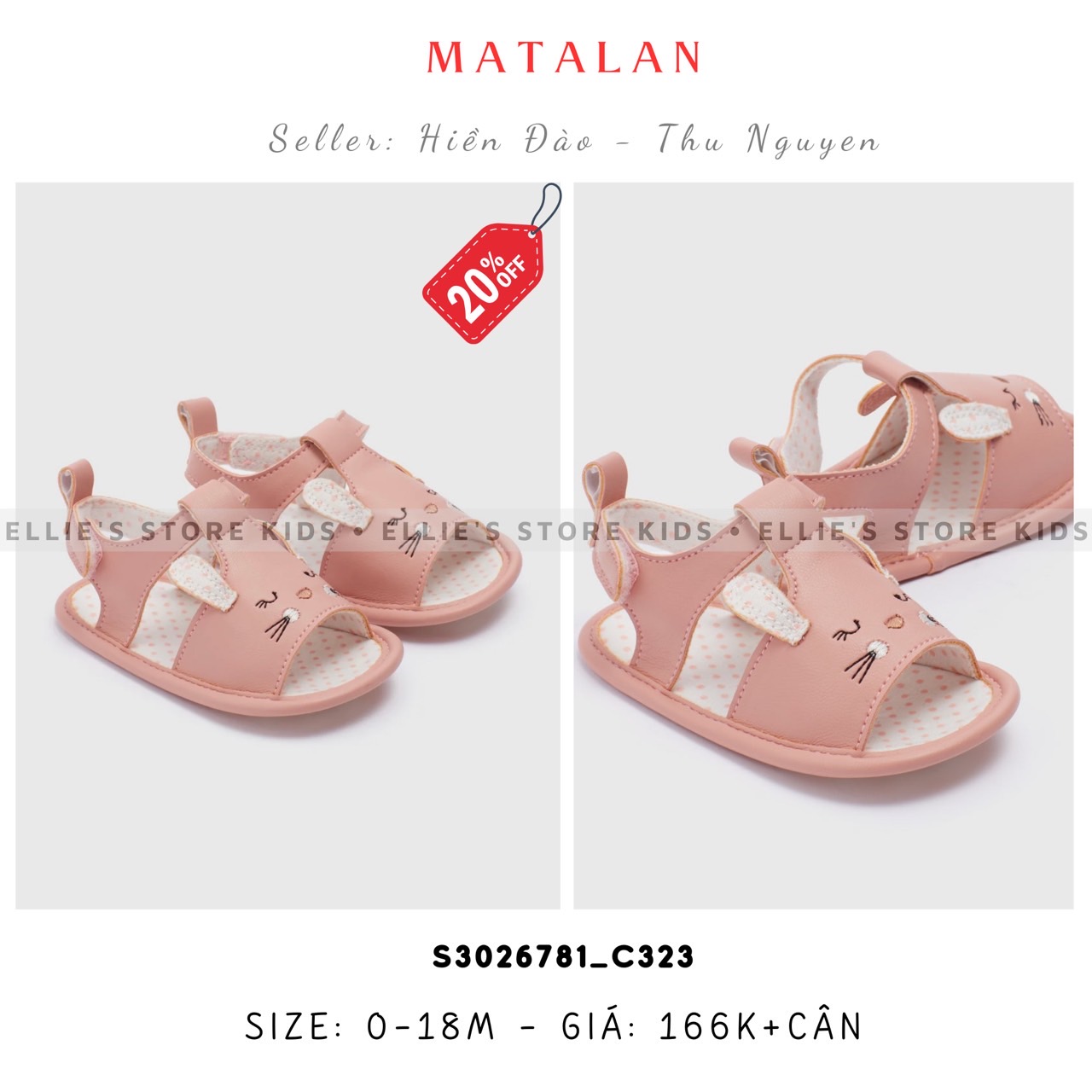 Giày baby MATALAN mèo hồng