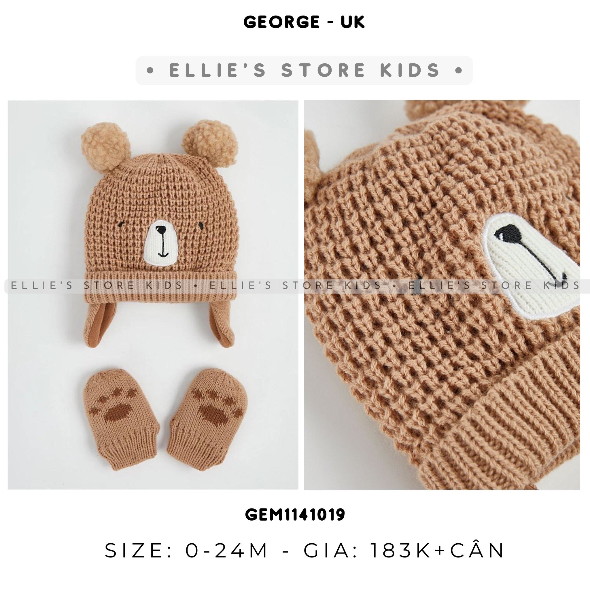 Set mũ len gấu kèm bao tay baby GEORGE