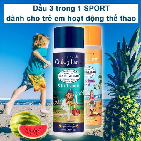 Childs Farm 3 in 1 Sport, watermelon & organic pineapple - Dầu tắm gội 3 trong 1 CF021  250ml