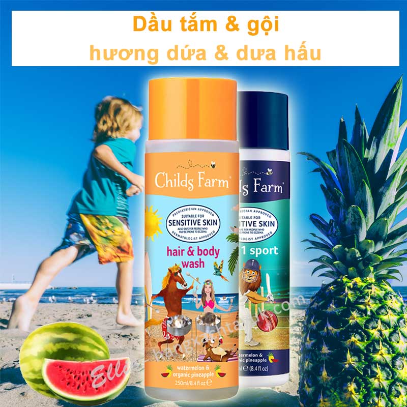 Childs Farm Hair & Body wash, watermelon & organic pineapple - Dầu tắm gội hương dưa hấu & dứa (thơm, khóm) CF022  250ml