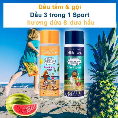 Childs Farm Hair & Body wash, watermelon & organic pineapple - Dầu tắm gội hương dưa hấu & dứa (thơm, khóm) CF022  250ml