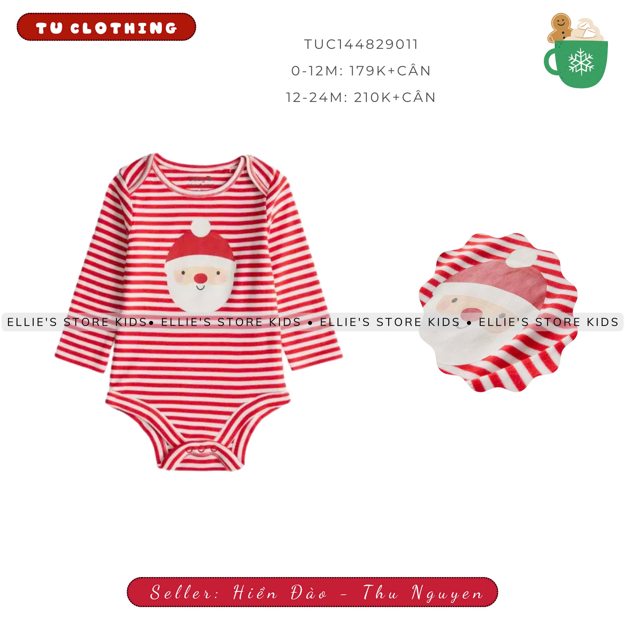 Áo bodysuit kẻ đỏ hoạ tiết Santa