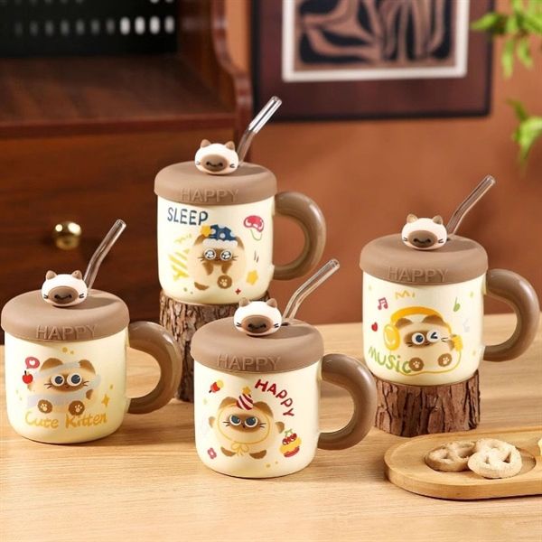  Cốc sứ mèo mun nắp silicon 420ml 