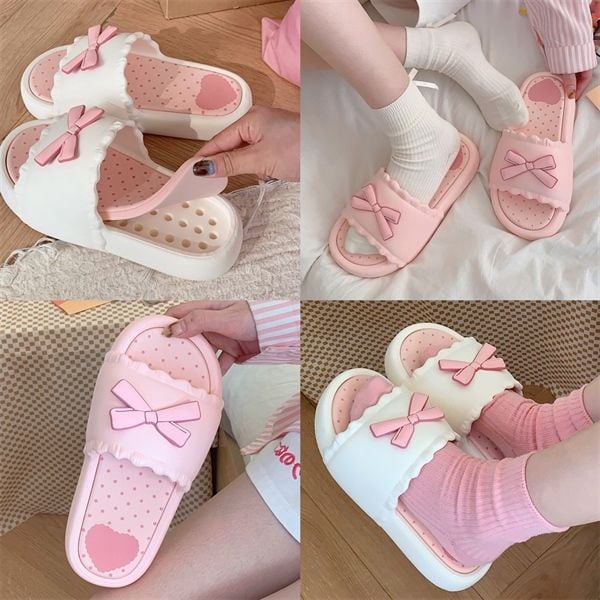  Dép bánh mì charm nơ hồng 