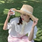  Mũ cói dây ren viền xù 