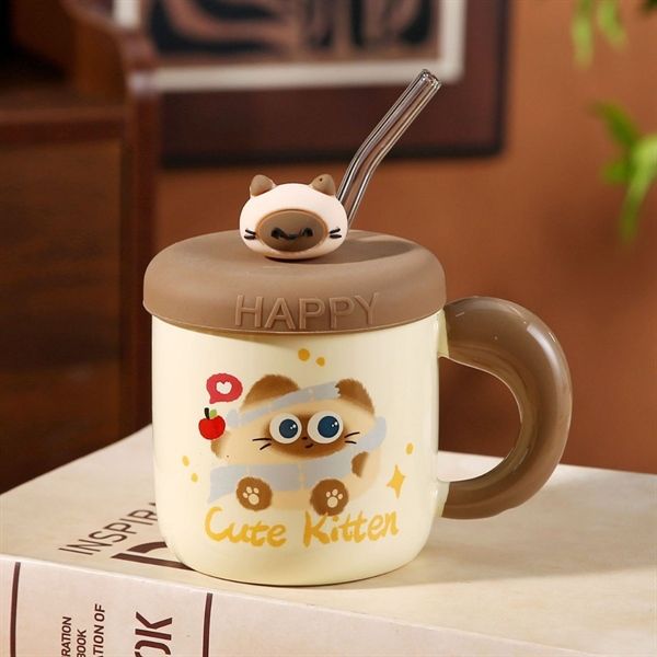  Cốc sứ mèo mun nắp silicon 420ml 