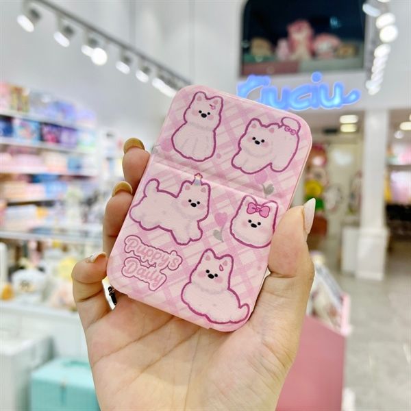  Gương gập bỏ túi bọc da hồng 7x10cm 