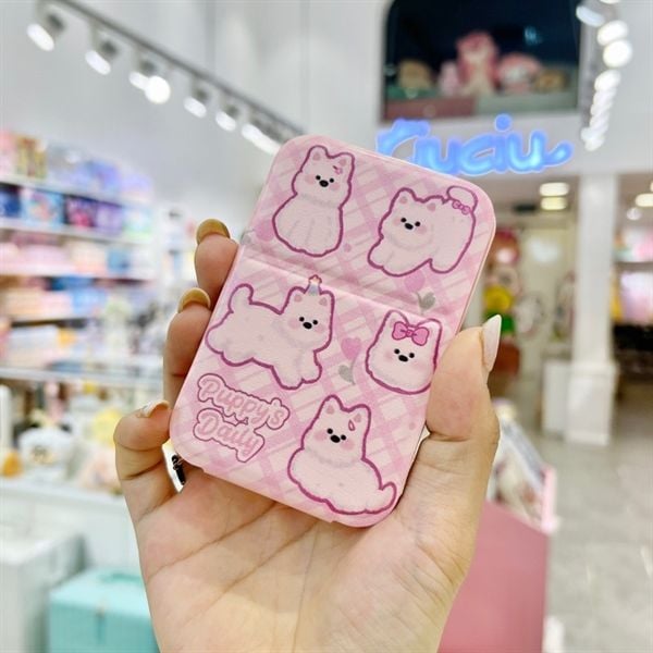  Gương gập bỏ túi bọc da hồng 7x10cm 