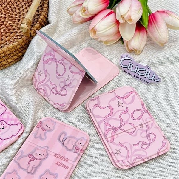  Gương gập bỏ túi bọc da hồng 7x10cm 