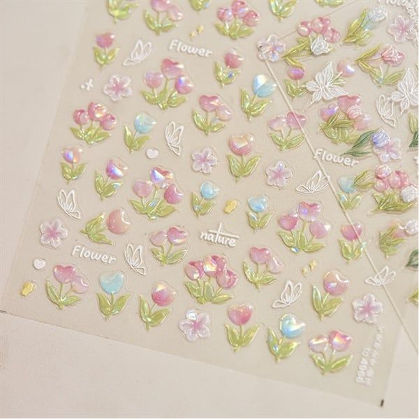  Sticker dán móng Tomoni hoa tulip ánh nhũ 