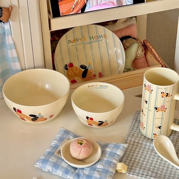  Set bát đĩa cún tai đen 2 người 11 chi tiết 