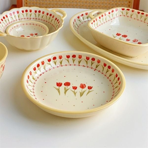  Set bát đĩa hoa tulip tone be 