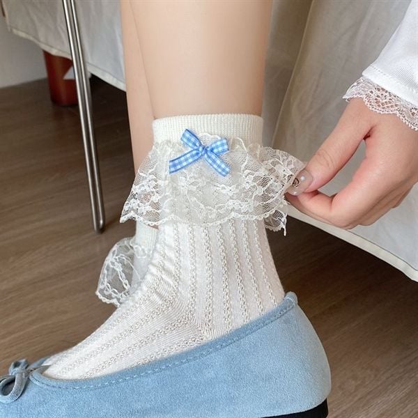  Tất Ann's For U trắng ren gân Mary Jane 