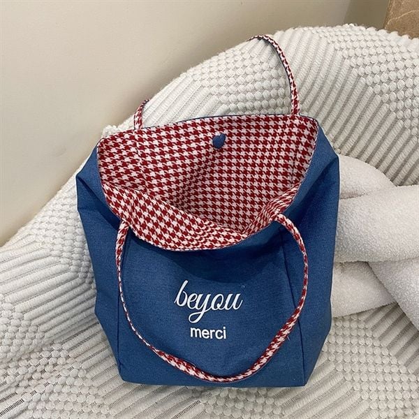  Túi tote 2 mặt BeYou Merci kẻ đỏ 