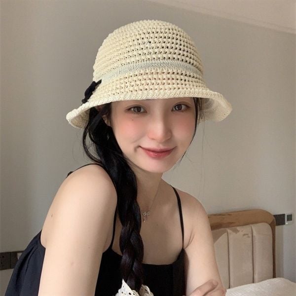  Mũ bucket vải mềm dây nơ đen 