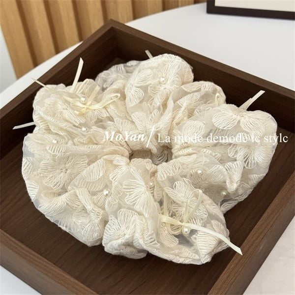  Scrunchies hoa thêu đính ngọc nơ 