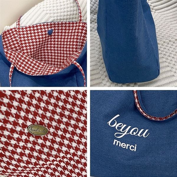  Túi tote 2 mặt BeYou Merci kẻ đỏ 