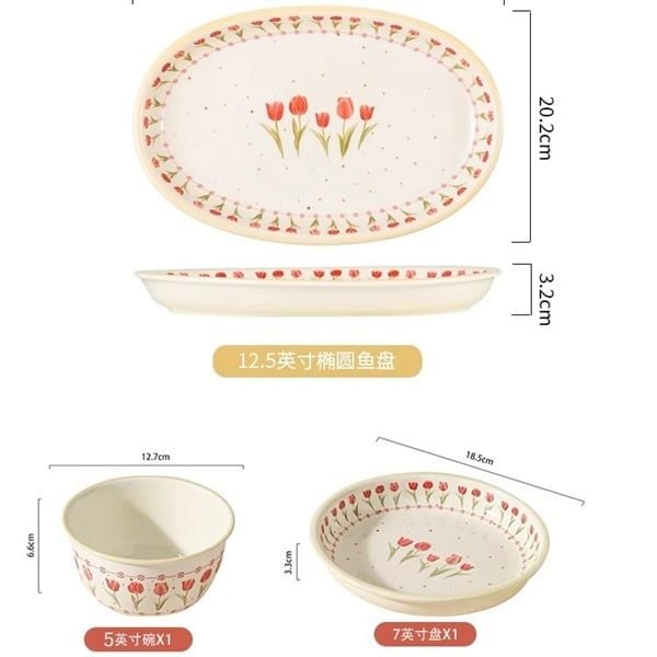  Set bát đĩa hoa tulip tone be 