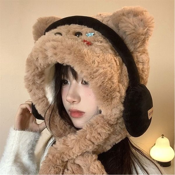  Mũ bông kiêm khăn quàng gấu bịt tai 