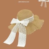  Mũ cói rộng vành nơ ren xương cá 