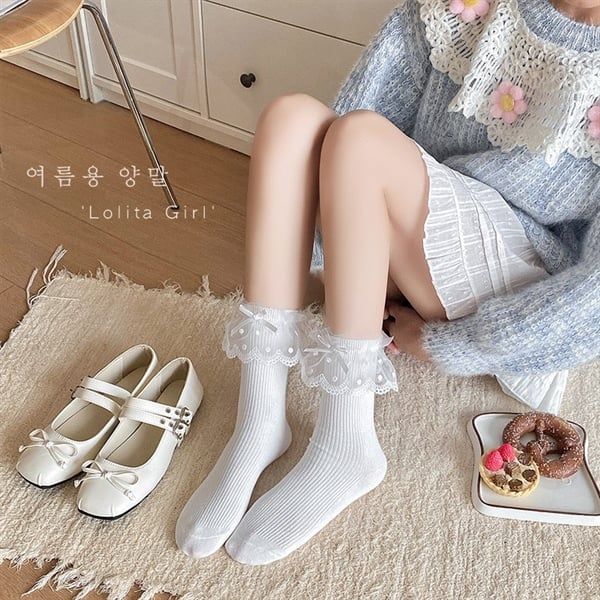  Tất Lolita cổ voan chấm bi 