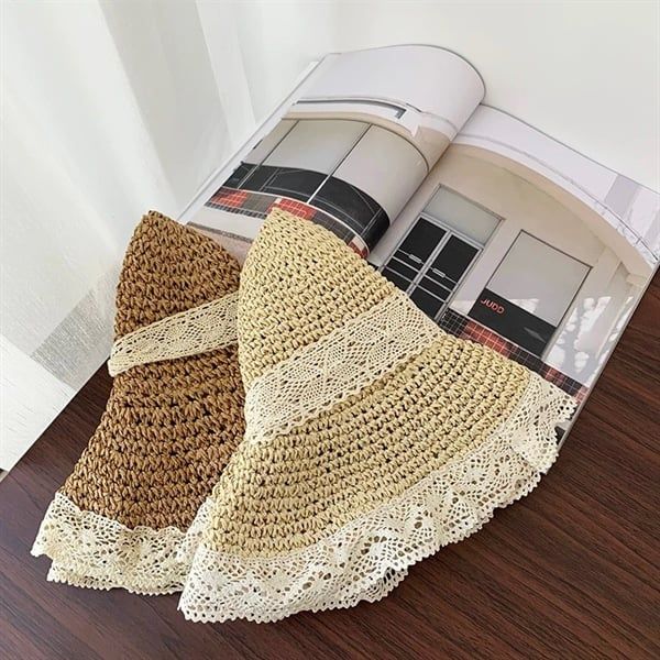  Mũ cói mềm viền ren dây buộc ren 
