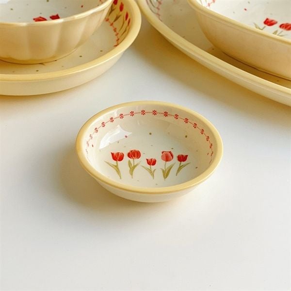  Set bát đĩa hoa tulip tone be 
